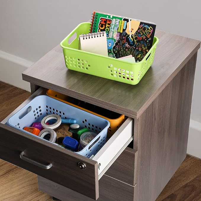 Jucoan 10 Pack Plastic Storage Baskets, 10.5 x 7 x 3.5 Inch Colorful Classroom Storage Organizer Baskets Trays with Grip Handles for Desktop, Drawer, School Supplies,5 Colors