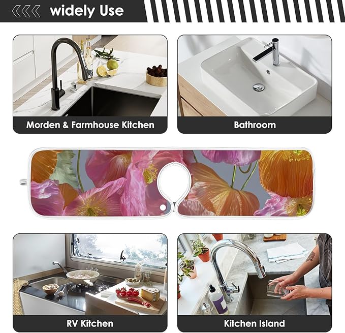 Sink Faucet Absorbing Mat Kitchen Sink Splash Guard Splash Faucet Drip Catcher for Bar RV Bathroom 2PCS 14.9x5.5in Pink Purple Poppy