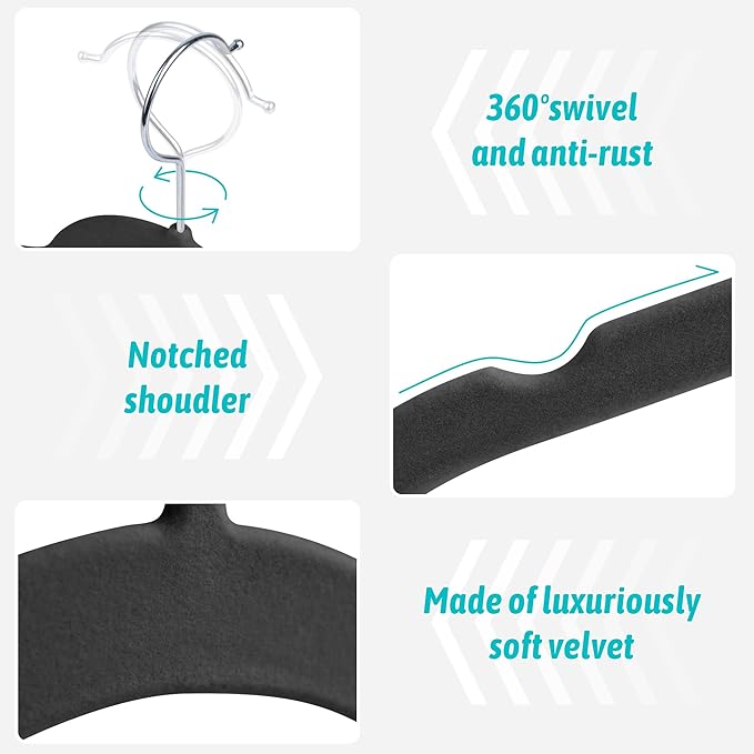 Sishynio Premium Velvet Hangers 30 Pack - Space-Saving Closet Organizer for Clothes, Non-Slip Flocked Design, Ideal for Shirts and Coats (Black)