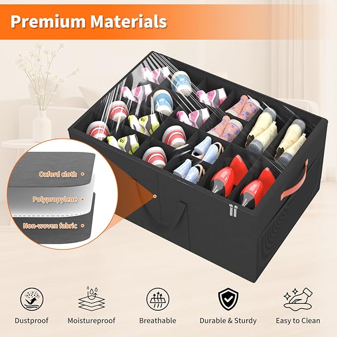 Aokeyee 2 Pack Shoe Organizer for Closet, Large Shoe Storage Box Fits up to 48 Pairs, Space Saving Foldable Shoes Organizer Bin w/Clear Cover and 4 Reinforced Handles, Black