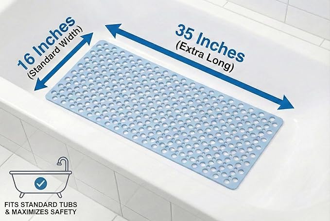 Mantto Bath Tub Shower Mat, Extra Soft Long Bath Mat Non-Slip with Suction Cups, TPE Bath Mat for Kids, Machine Washable Bathroom Mat (Blue, 35 x 16 Inch)