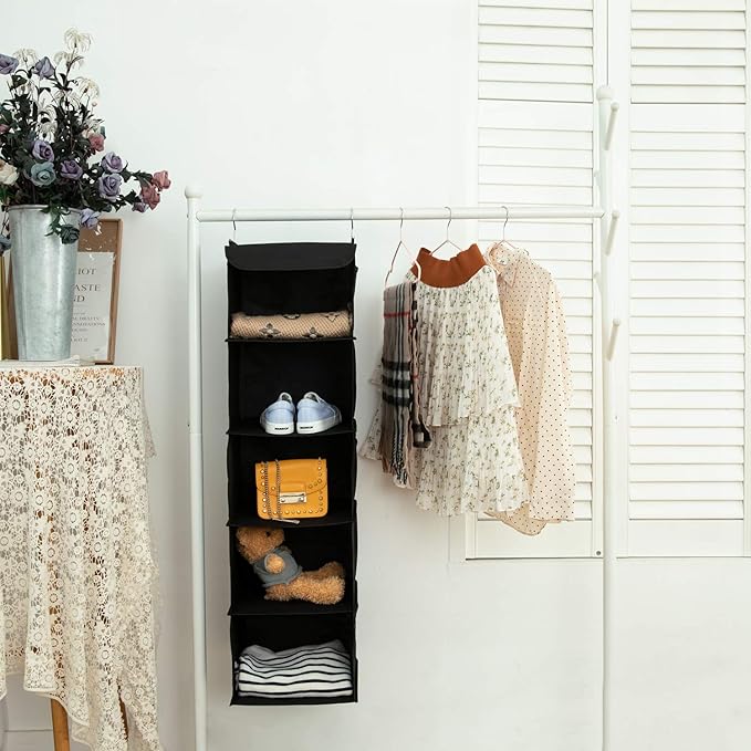 2 Pack Hanging Closet Organizer, 5 Shelves Hanging Storage with 6 Side Pockets for Clothes Shoes, 43"x12"x12"(Black)