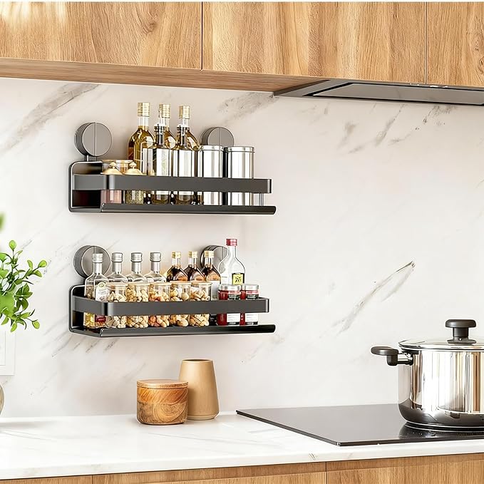 Spice Rack wall mounted 2 Pack,Suction Cups Spice Organizer for Cabinet,Large Capacity Metal Spice Shelf for Kitchen Cabinet, Pantry Doors, Bathroom, Shower, Home Decor (15.7 inch)
