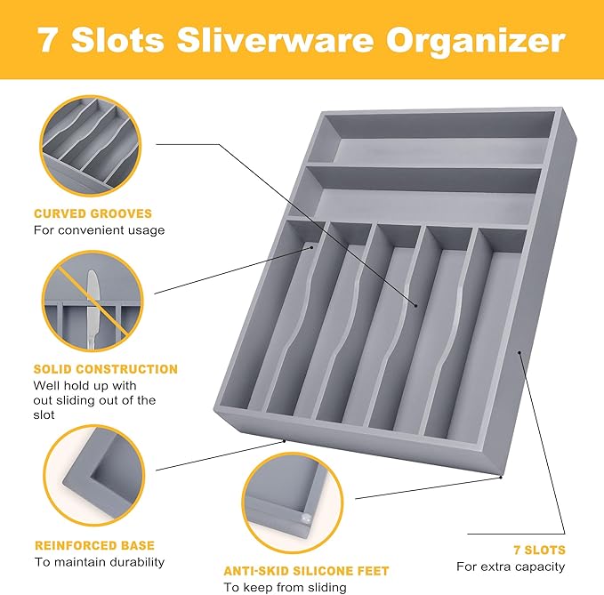 Kitchen Bamboo Silverware Organizer, Kitchen Drawer Organizer - Utensil Holder and Cutlery Tray with Grooved Drawer Dividers for Flatware 7 Slot, Grey