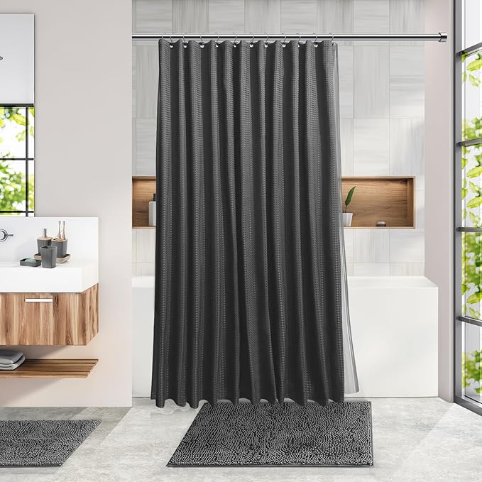 Clara Clark Bathroom Accessories Set - Bathroom Set with Adhesive Corner Shower Caddy Hanging, 25PC Bathroom Accessory Set, Grey Shower Curtain Set, Toilet Brush, Trash Can & Soap Dispenser