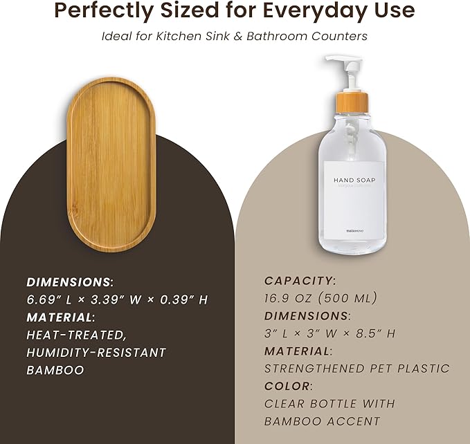 MaisoNovo Hand and Dish Soap Dispenser for Kitchen Set of 2-16.9oz Clear Dish and Hand Soap Dispenser Set for Kitchen - Clear Plastic Bottles x 2 with White Bamboo Pumps & Tray