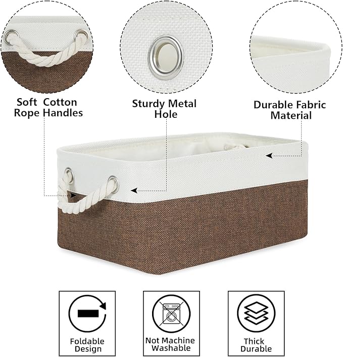 Bidtakay Collapsible Fabric Storage Baskets with Handles for Organizing [6 Pack] Canvas Small Storage Bins Shelf Baskets for Clothes Closet Rectangle Baskets 11.8 X 7.8 X 5 Inches(White&Earthy Brown)