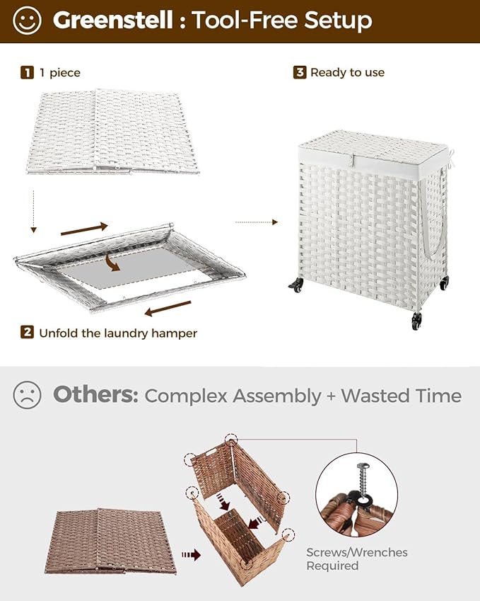 Greenstell Laundry Hamper with Wheels, No Install Needed, 110L Divided Handwoven Hampers & 2 Removable Liner Bags, Rattan Clothes Laundry Basket with Lid & Handles, Foldable Hampers White