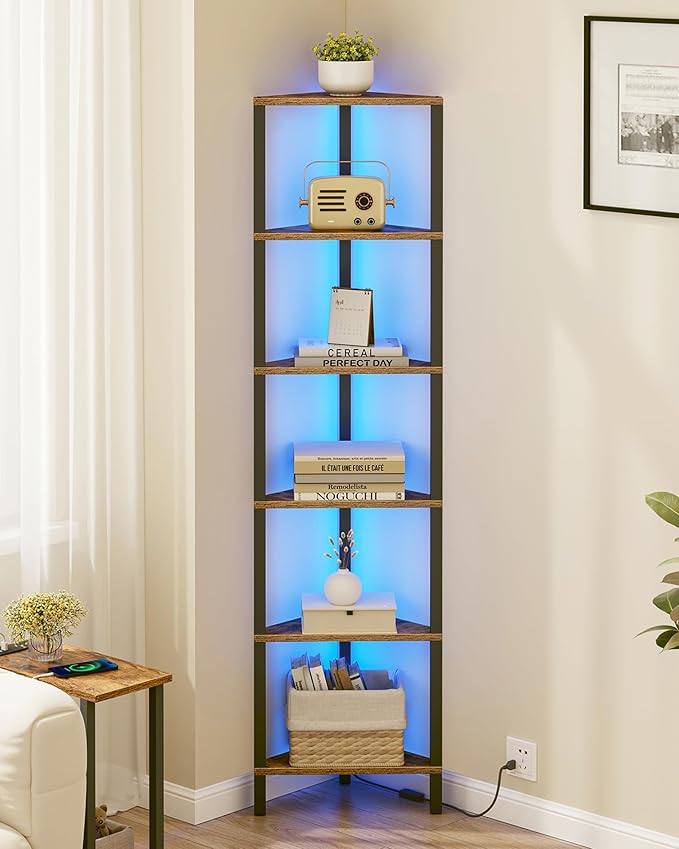 TUTOTAK Corner Shelf with LED Light, 6-Tier Corner Bookshelf for Small Space, Narrow Display Corner Shelf Stand with Storage Rack, for Living Room, Bedroom, Rustic Brown BS05BB006L