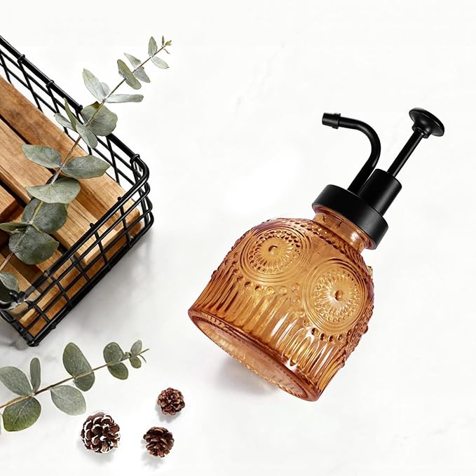 Amolliar 8 Oz Vintage Glass Bathroom Soap Dispensers with Pump, Refillable Kitchen Dish Soap Dispenser with Stripe, Antique Rustic Hand Soap Liquid Bottle (Brown-Black Pump)