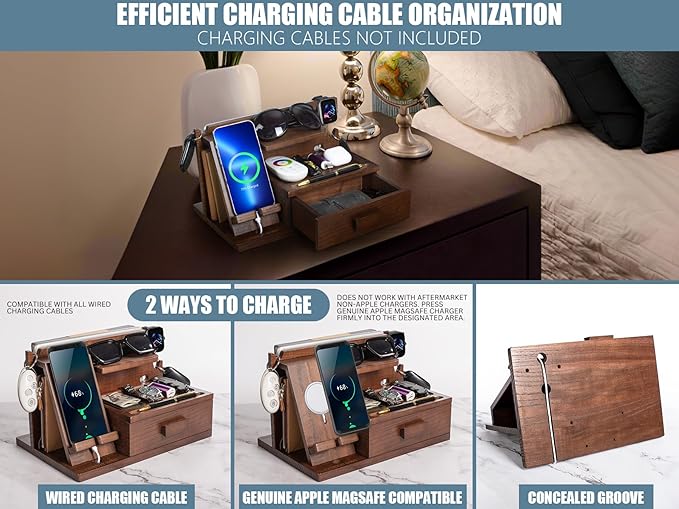Parkway Home Wood Phone Docking Station with Drawer, Compatible with Apple Watch - Wood Charging Station Organizer Stand, Bedside Nightstand Organizer for Men, Holds Phone, Tablet, Keys, Glasses, EDC