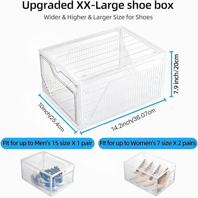 Large Shoe Boxes Clear Plastic Stackable，Drop Front Shoe Box with Clear Door, Shoe Containers For Sneaker Display,Fit up to US Size12 (white clear-Conjoined structure, 10 pack)