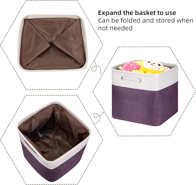 13 Inch Cube Storage Bins Purple - 3-Pack Purple Storage Cubes with Handles, 13x13x13 Fabric Storage Bins, Foldable Dark Purple Storage Baskets for Shelves, Cloth Organizer Cube Bins