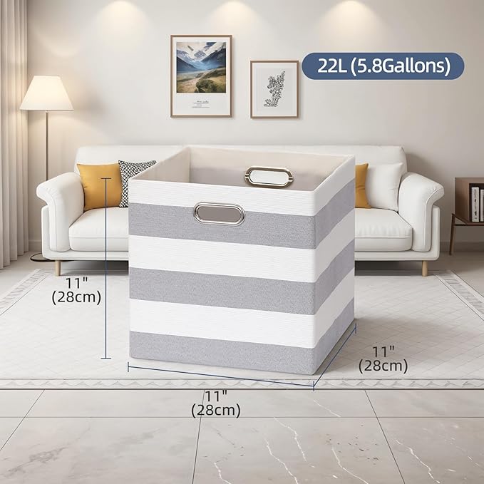 11x11 Cube Storage Bins, Collapsible Fabric Storage Cubes, Cubby Storage Organizer Bins Striped Container Baskets for Organizing Home Office Wardrobe Closet Shelf, Pack of 4, Gray/White
