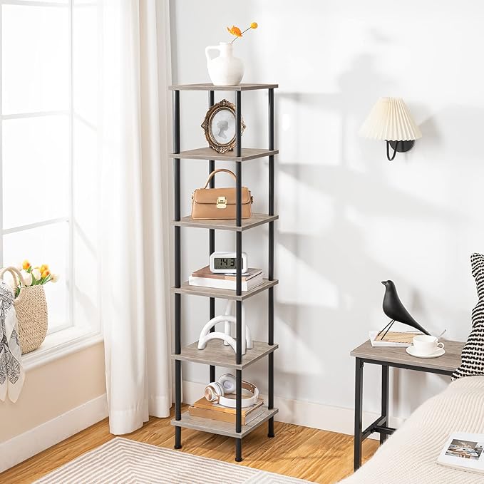 HOOBRO 6-Tier Corner Shelf, Corner Square Rack Display Shelf, Tall Storage Rack Plant Stand, Bookcase for Small Spaces, Living Room, Home Office, Kitchen, Greige and Black BG55CJ01