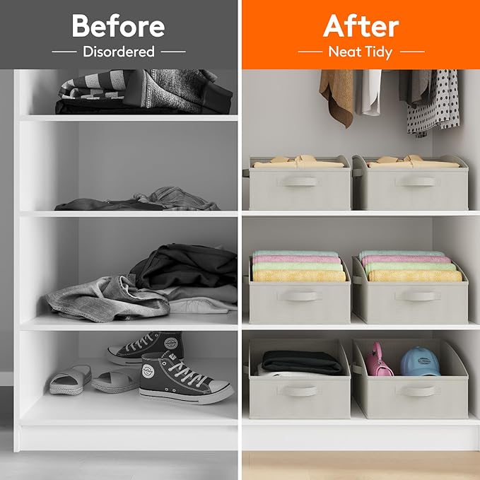 Lifewit Trapezoid Closet Storage Bins for Shelf, 6 Packs Non-woven Closet Organizer Baskets with Handles, Foldable Clothes Containers Boxes for Clothing, Book, Purse, 16L, Medium, Light Gray
