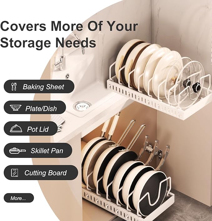 Pots and Pans Organizer Under Cabinet 2 Pack, Pull-Out Cabinet Organizer for Pot Lids, Bakeware, Dishes, 8 Adjustable Dividers (White