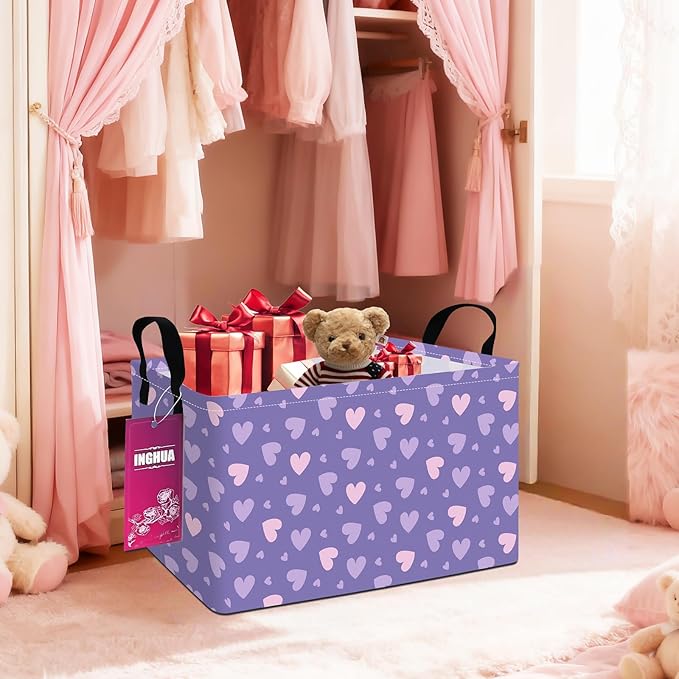Rectangular Storage Basket Fabric Organizer Bin for Toys,Books,Clothes,Gifts,Pets-Perfect for Home,Office,Nursery,Dorm,Shelf(Rec-Purple hearts)