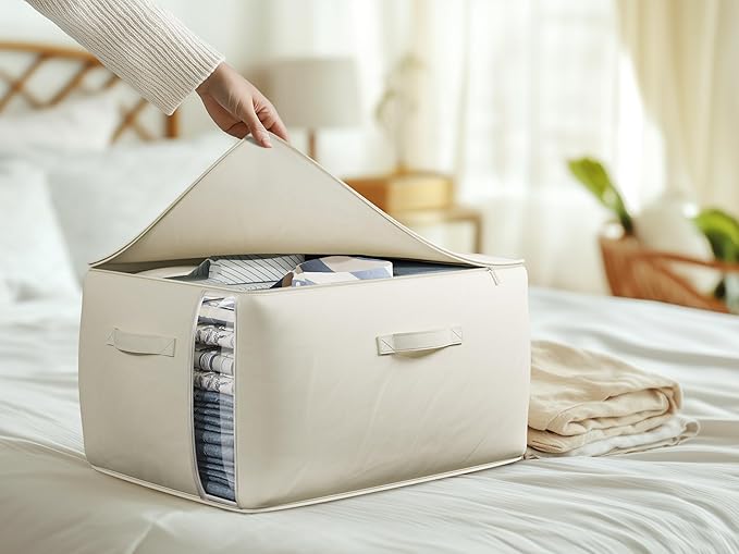 TomVista Large Canvas Clothes Storage Bags with Thick Handles and Clear Window, Foldable Cotton Linen Closet Organizer for Clothing, Blankets and Bedding, 70L, 2 Pack, Beige