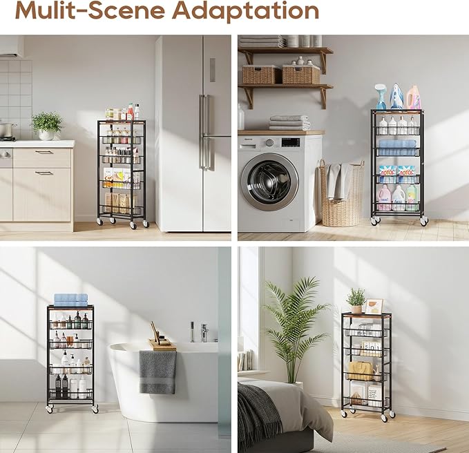 Slim Rolling Cart Kitchen Utility Cart, Narrow Kitchen Cabinet with 4 Pull-Out Baskets - Versatile Rolling Storage Cart for Spices, Pantry & Bathroom Organization (Dark Black)