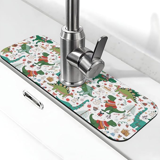 Dinosaur Christmas Happy New Year Kitchen Sink Splash Guard Faucet Mat Super Absorbent Fast Drying Mat Sink Gadgets-Fast Drying Pad Sink Mat For Kitchen Bathroom (15" X 5.5" )