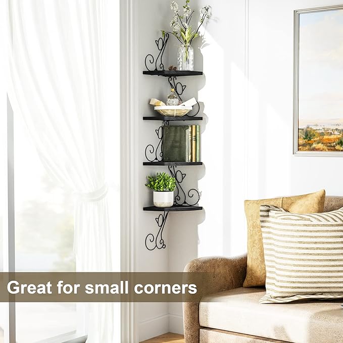 Alsonerbay Corner Shelves - Wall Mounted Floating Wood Shelf, 4 Tier Rustic Storage Shelf, Cat Shaped Shelving for Wall, Solid Wooden Decor for Living Room, Bedroom, Kitchen (Black)
