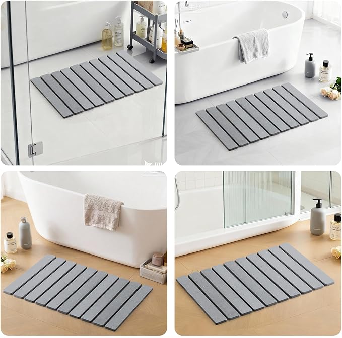 ODE TO ORDER 23.6 Inch Super Absorbent Diatomaceous Earth Mat for Bathroom, Light Grey Easy Clean Rollable Foldable Stone Bath Mat, Non-Slip Quick Dry Shower Mat for Kitchen,Outdoor Use