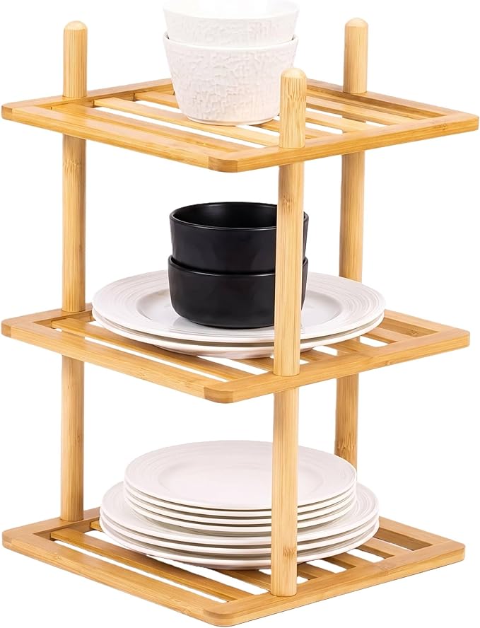 3-Tier Cabinet Organizer Shelf - Bamboo Corner Rack for Kitchen Counter, Cabinet Space Saver for Plates, Dishes, Bowls, Bread - Pantry and Bathroom Storage or Countertop(1, 3Tier-Large-6.7"H)
