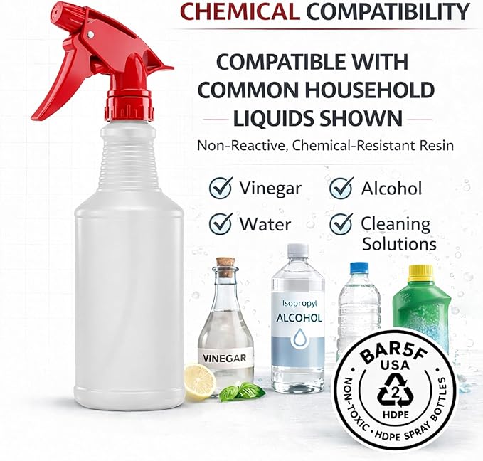 Bar5F Spray Bottles, 16 Oz, 4 Pack, Chemical-Resistant HDPE, BPA-Free, Non-Toxic, Red Trigger Sprayers, Refillable Empty Sprayer Bottle for Cleaning Solutions, Vinegar, Alcohol, Made in USA