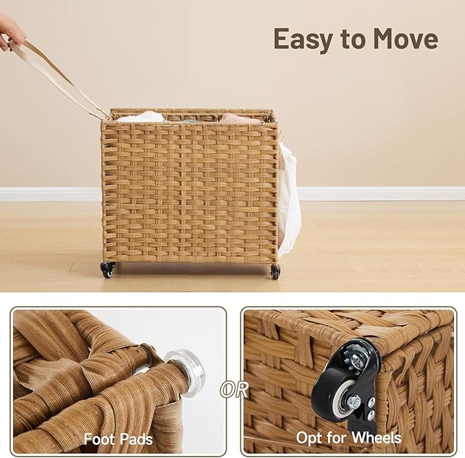 Laundry Hamper with Wheels, 34.3 Gallon(130L) Rolling Laundry Basket with Lid, 3-Section Rattan Clothes Hamper with 3 Removable Liner & 3 Mesh Bags, Laundry Sorter with Side Pocket, Natural