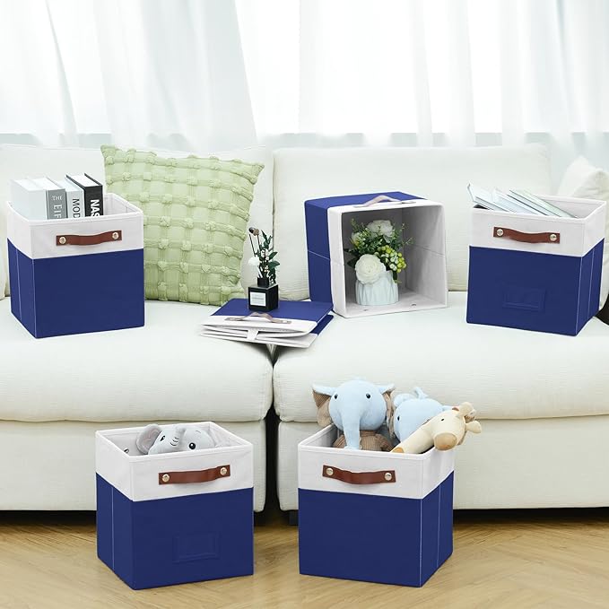 6-Pack Storage Cubes with Handles & Label Holders Basket, Closet Cube Home Organizer Bins(White/Blue, 10.5 * 10.5 * 11 inch)