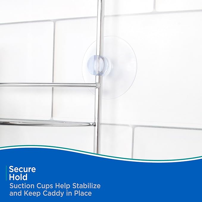 Kenney KN614151 Over the Shower Head 24" L x 11" W x 4.5" D Rust-Resistant Metal Wire Large 3-Shelf Hanging Caddy with Suction Cups and Razor Holders for Bathroom Shower, Chrome