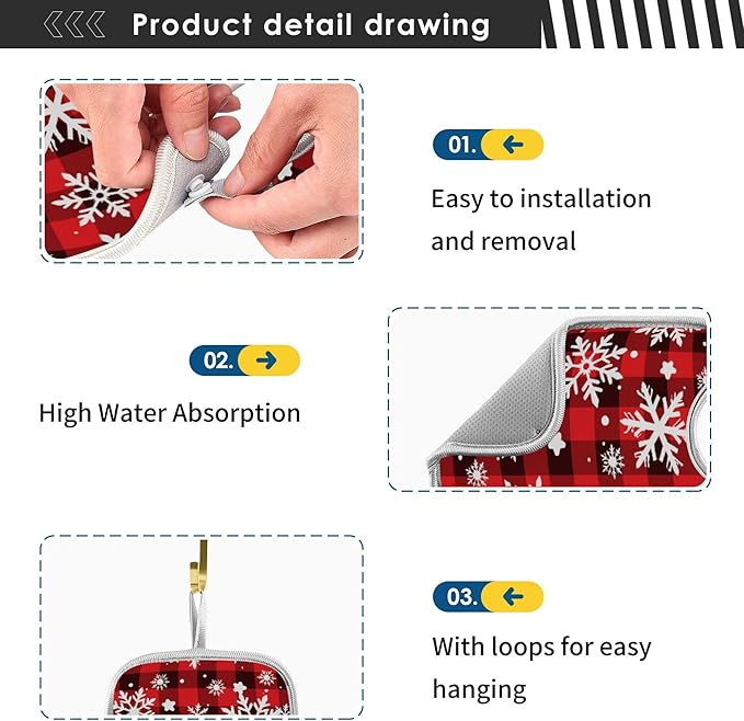 2 Pack Faucet Splash Catcher Checkered Snowflake Sink Mat for Faucet Absorbent Kitchen Splash Guard Drip Catcher for Farmhouse Barthroom Bar, L