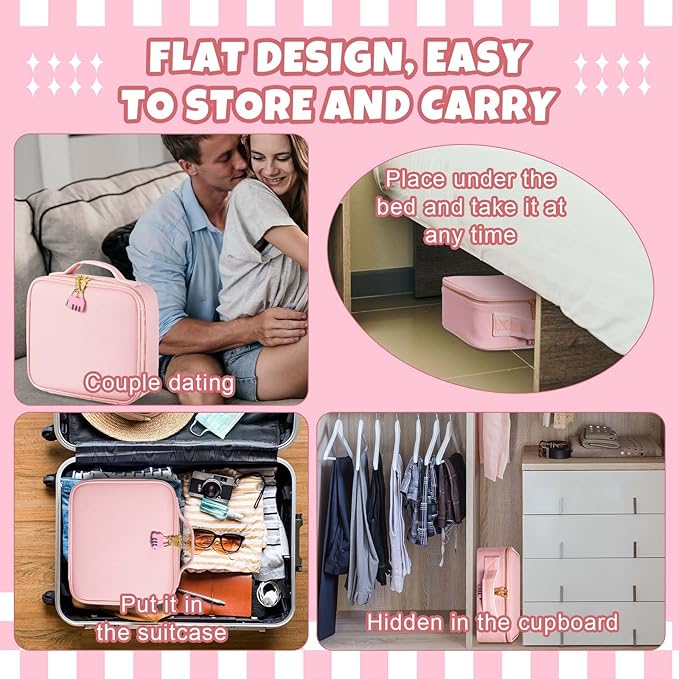 Eccliy Storage Box with Locking for Adult Toy, 10.3 x 9.1 x 3.9 Inches Discreet Lockable Game Toy Flat Storage Box Bag with Combination Lock, PU Leather(Pink)