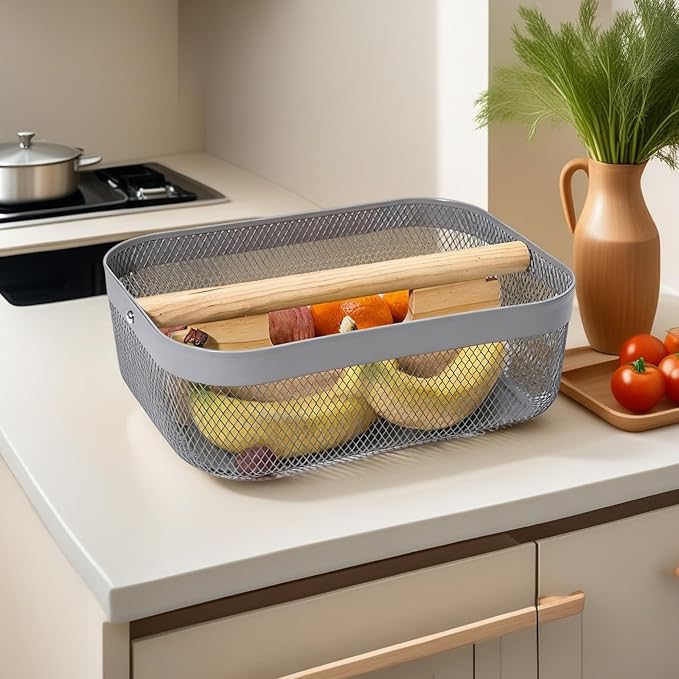Metal Mesh Steel Storage Basket, Garden Harvest Wire Organizer Basket Multi-functional Kitchen Fruit Basket with Wooden Removable Partition & Handle for Bathroom Picnic Decor Cabinet, Grey