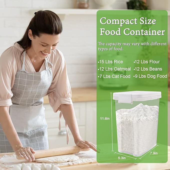 Tight-Lock Rice Container 10-15 Lbs - Airtight Flour Container with Scoop - Food-Grade Plastic Food Storage Container for Cereal, Sugar - Dry Food Dispenser for Kitchen, Pantry Organizers and Storage