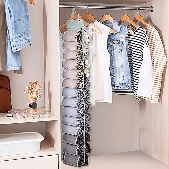 Legging Organizer Storage - 2PCS T Shirt Organizer, Hanging Closet Organizers and Storage with 26 Roll Independent Compartments for Yoga Pants, Towel, Bathing Suit (Grey)