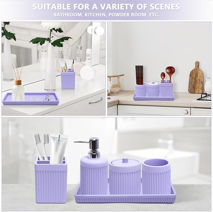 Resin Light Purple Bathroom Accessories Set 5 Pcs, Lotion Soap Dispenser, Toothbrush Holder, Bathroom Tumbler, Qtip Holder and Vanity Tray, Bathroom Countertop Organizer Set for Home Apartment
