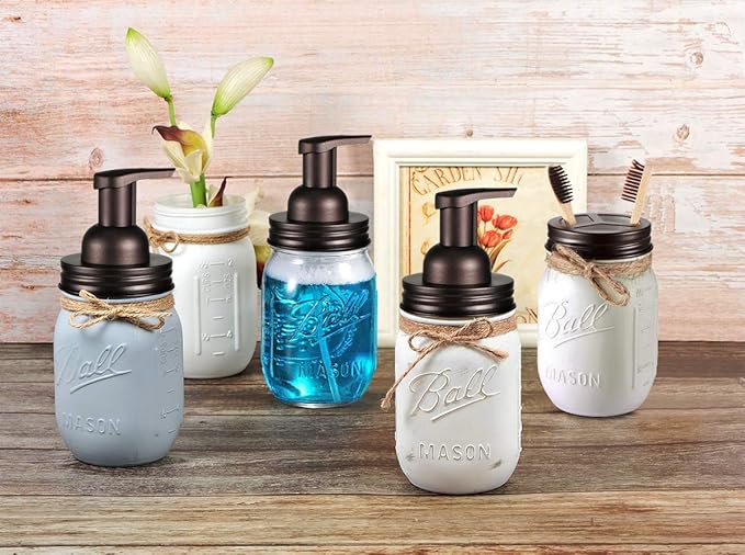 Mason Jar Bathroom Accessories Set(4pcs)- Jars Not Included - Foaming Soap Dispenser,Toothbrush Holder, and Apothecary Storage Jars Lids -Rustic Farmhouse Decor,Brown