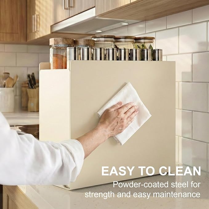2 Tier No Assembly Pull Out Spice Rack Countertop, Sliding Drawer Seasoning Condiments for Tall Bottles, Steel Kitchen Countertop Organizer with Magnetic Panels with Paper Towel Holder and 4 Hooks