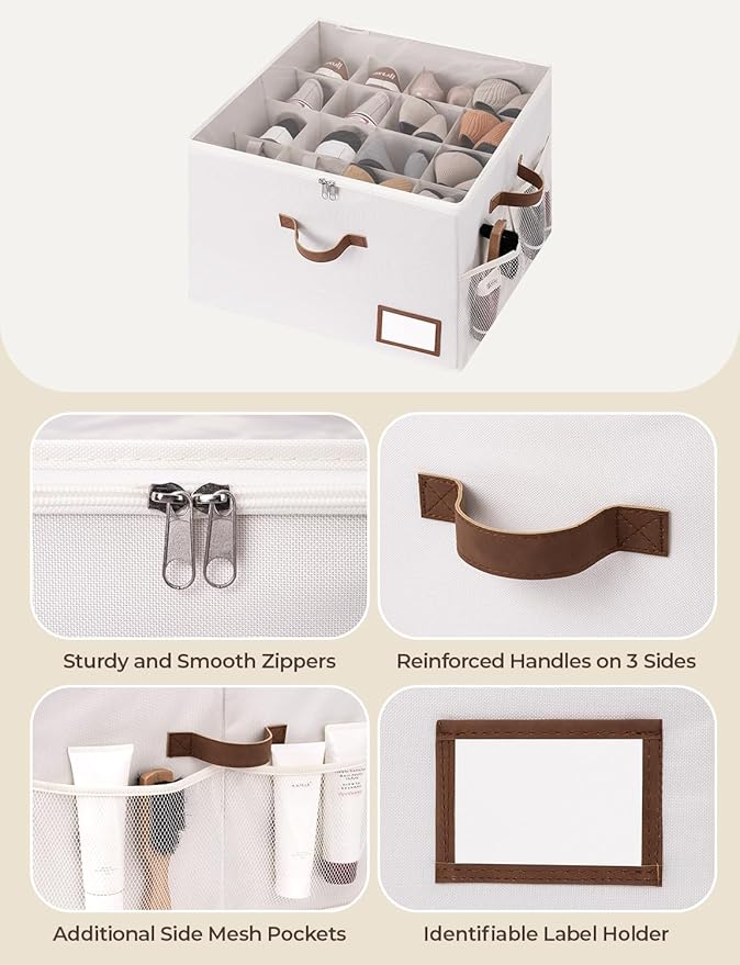 StorageWorks Shoe Organizer for Closet, Fits up to 16 Pairs, Shoe Cubby Storage Containers with Side Mesh Pocket and Clear Cover, Beige