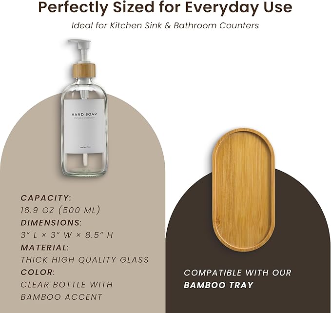 MaisoNovo Glass Hand Soap Dispenser | Dish Soap Dispenser for Kitchen | 16.9oz Clear Bottles with White Bamboo Pump | Bathroom Lotion Dispenser