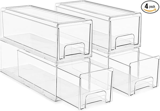 Sorbus Small Wide Clear Storage Drawers (4 Pack) – Stackable Pull-Out Storage Bins for Fridge, Pantry, and Cabinet Organization – Acrylic Drawer Organizers