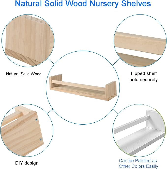 Nursery Book Shelves, Set of 2 Wood Floating Book Shelves for Kids Room, Kitchen Spice Rack, or Rustic Wall Mounted Shelves for Farmhouse Bathroom Décor (Natural Wood)