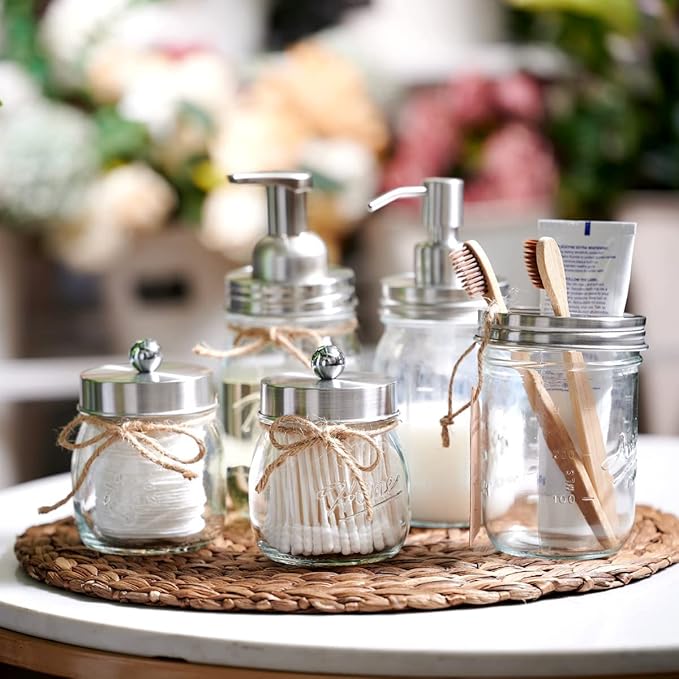 Amolliar Mason Jar Bathroom Accessories Set(4 Pcs) -Lotion Soap Dispenser & 2 Qtip Holder & Toothbrush Holder-Rustic Farmhouse Decor, Countertop Vanity Organize, Bathroom Home Decor (Brushed Nickel)