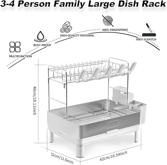 Large Dish Drying Rack, 304 Stainless Steel Dish Racks for Kitchen Counter, Automatic Drainage Spout, Rustproof Kitchen Dish Drainers with Drainboard, Utensil Holder & Glass Holder, White