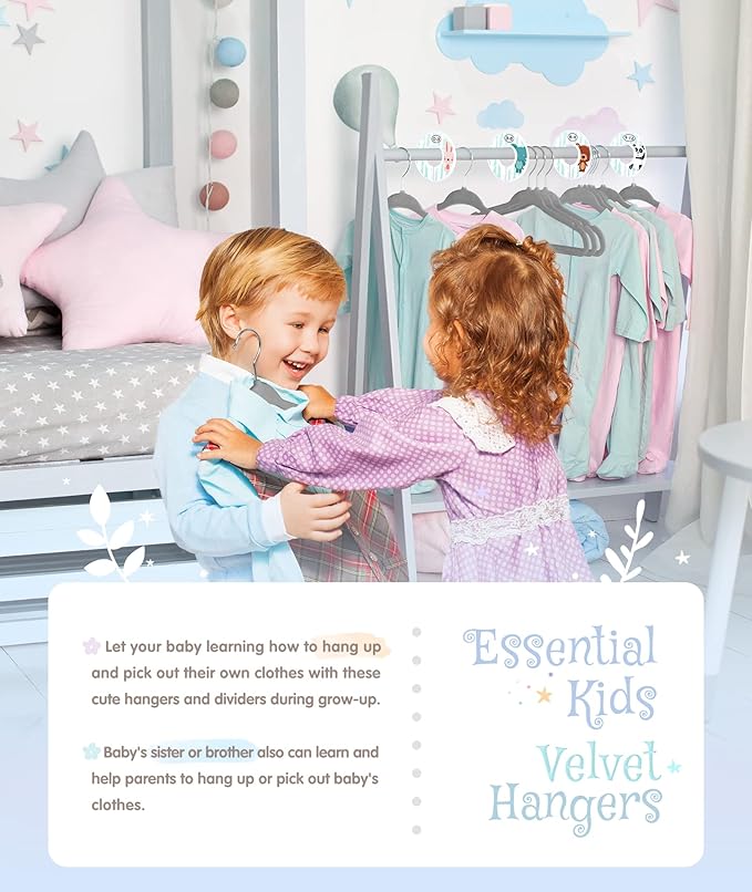 VIS'V Baby Hangers, 11 Inch Velvet Kids Hangers with 6 Pcs Clothes Size Dividers, Infant Toddler Nursery Closet Organization, Non Slip, Gray, 50 Pcs