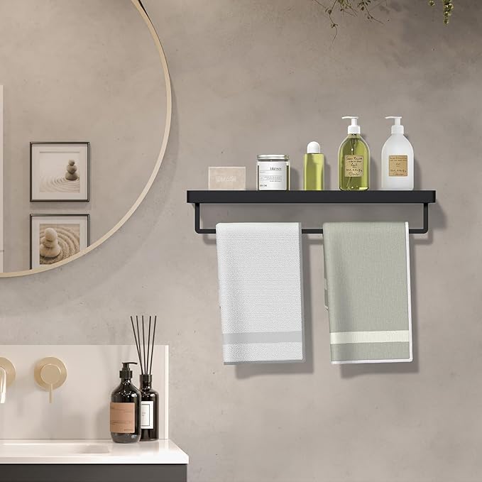 SFGSOWOR Floating Glass Shelves for Bathroom 20-in with Towel Bar/Tempered Glass Rectangular 1 Tier Organizer Shelf (Matte Black, 20'')