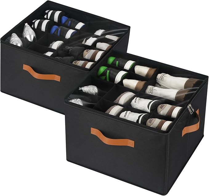 2 Pack Shoe Organizer for Closet, Foldable Shoe Storage Bins with Clear Cover and Adjustable Dividers, Fits up to 16 Pairs, Large Shoe Box Storage Containers with Reinforced Handles (Black)