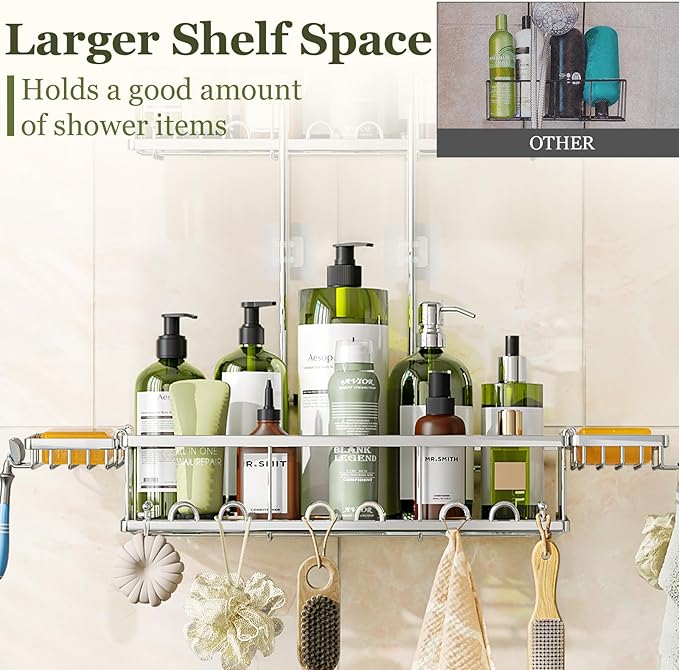 Shower Caddy Hanging: Adjustable Height, Rustproof Shelves with Hooks, 2 Soap Holders - Silver Shower Organizer Over Showerhead